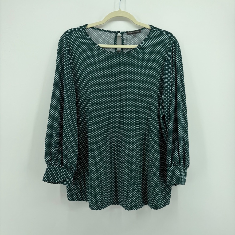 Adrianna Papell Womens Large Green Polka Dot Blouse Long Sleeve Button Cuff Top